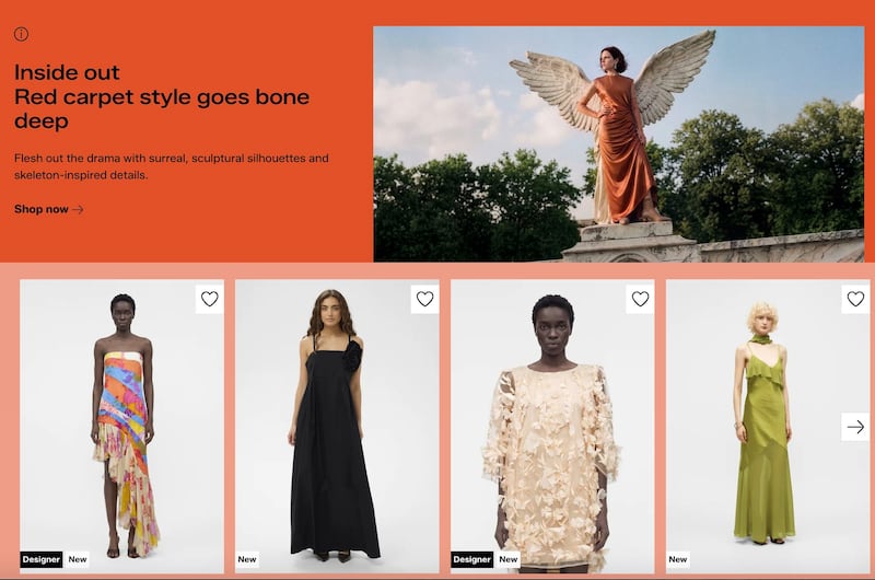 An editorial image of a model in a copper dress sits over more traditional e-commerce images of models against grey backgrounds wearing different dresses or tops.