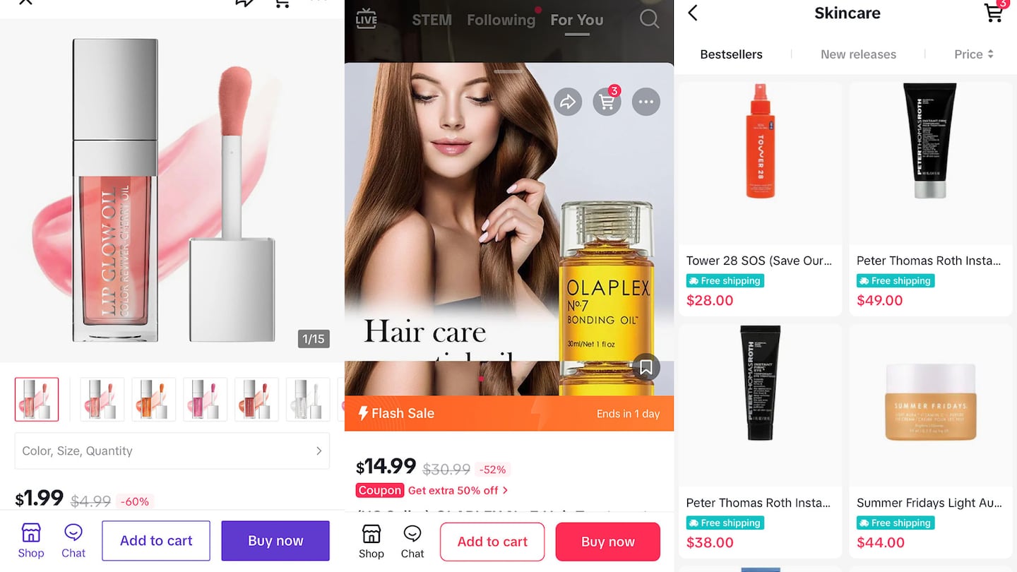 TikTok Shop listings for a dupe of Dior Beauty's lip oil, an unauthorized third-party seller of Olaplex's bonding oil and beauty listings on Revolve's TikTok shop.
