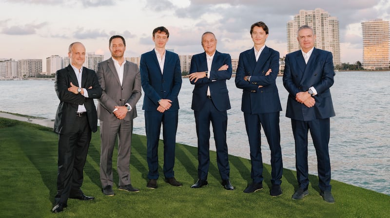LVMH's watch executives gathered with retailers and collectors in Miami. From Left: Zenith CEO Benoit de Clerck, TAG Heuer CEO Julian Tornare, LVMH Watch CEO Frédéric Arnault, Bulgari CEO Jean-Christophe Babin, Louis Vuitton watch director Jean Arnault, Hublot CEO Ricardo Guadalupe.