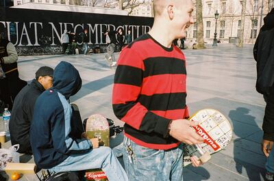 Tyshawn Jones, Sage Elsesser and Ben Kadow at Place de la République in Paris.