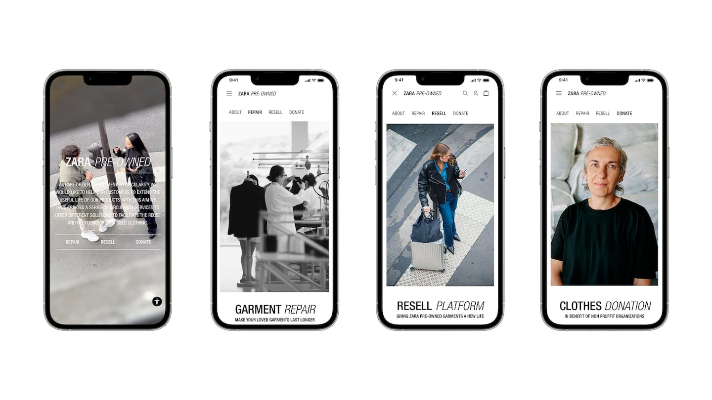 Four iphones are arranged in a row, with each showing a different aspect of Zara's new pre-owned service. Ghe first shows a photo of two people on a street with an introduction to Zara pre-owned. The second shows a woman examining clothes in an atelier, with the tagline "garment repair." The third shows a woman standing on a street with luggage, with the tagline "resell platform." And the last is a close up shot of a woman in a black T-shirt in front of bales of clothes, with the tagline "clothes donation."