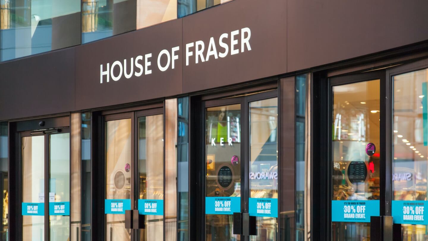 House of Fraser store exterior on Oxford Street in January 2022.