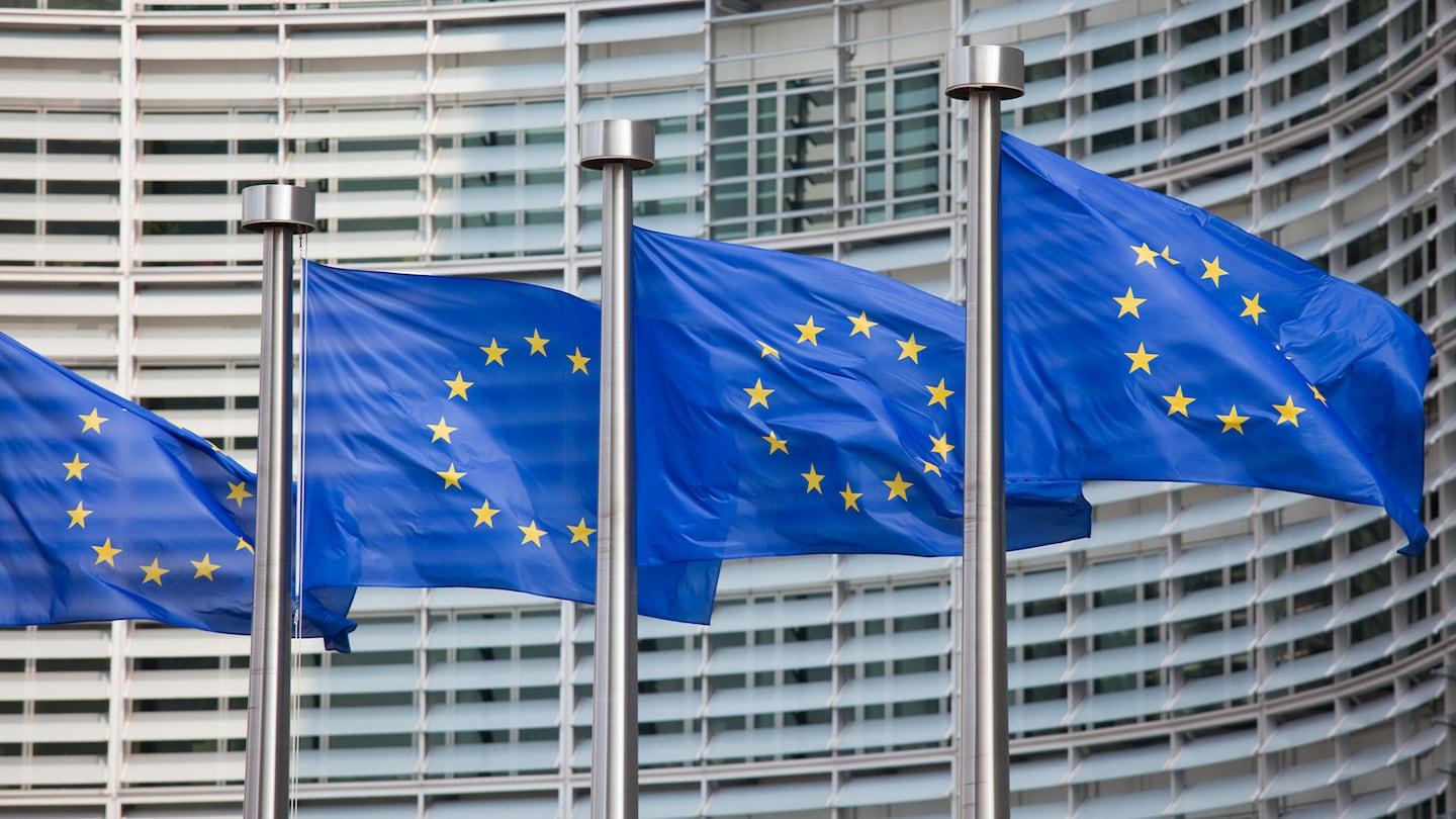 European Union flags outside a grey building.