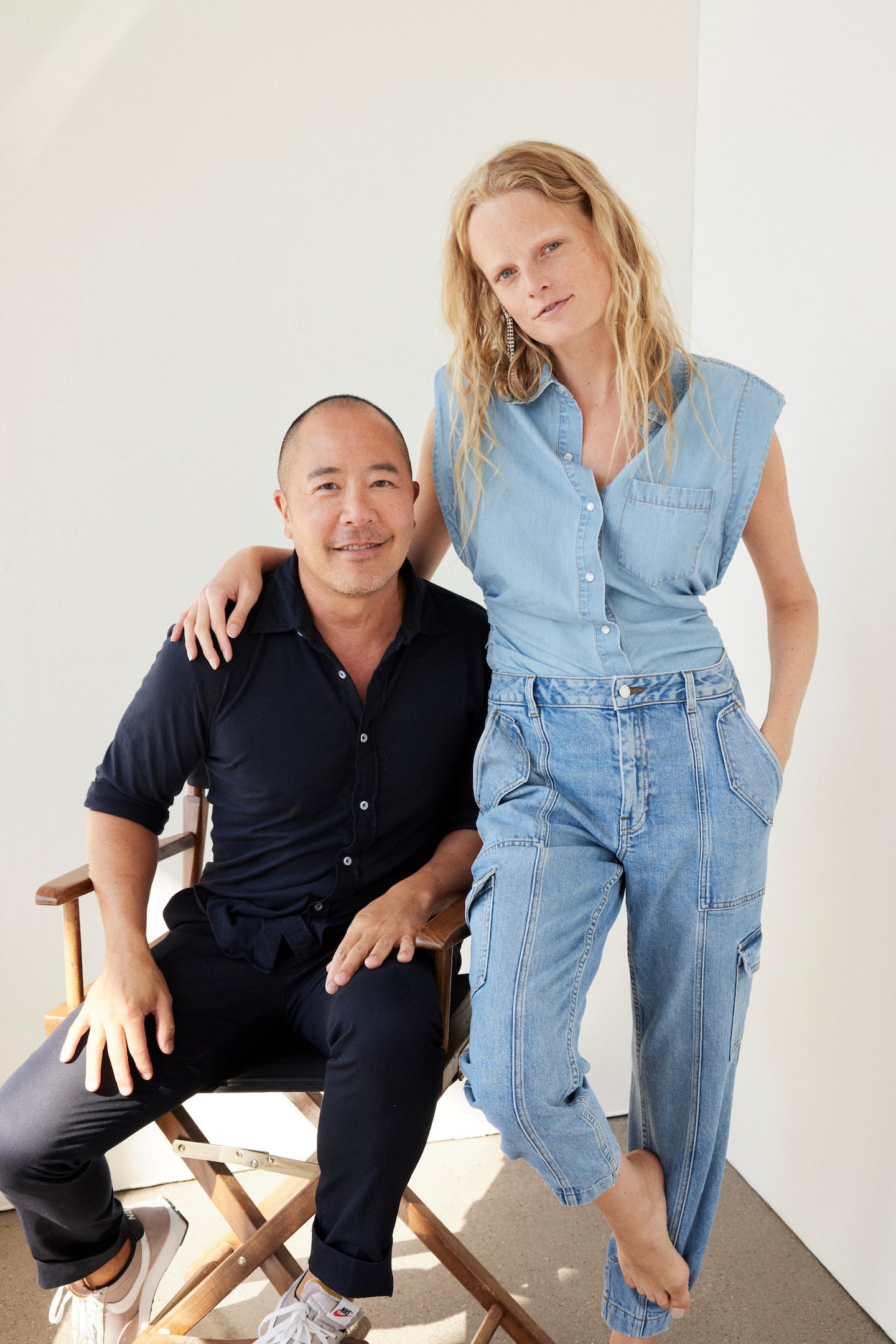 Derek Lam and Hannah Gabe, who starred in the first 10 Crosby ad campaign 10 years ago, at the shoot for the brand's soon-to-be launched denim line. Derek Lam 10 Crosby.