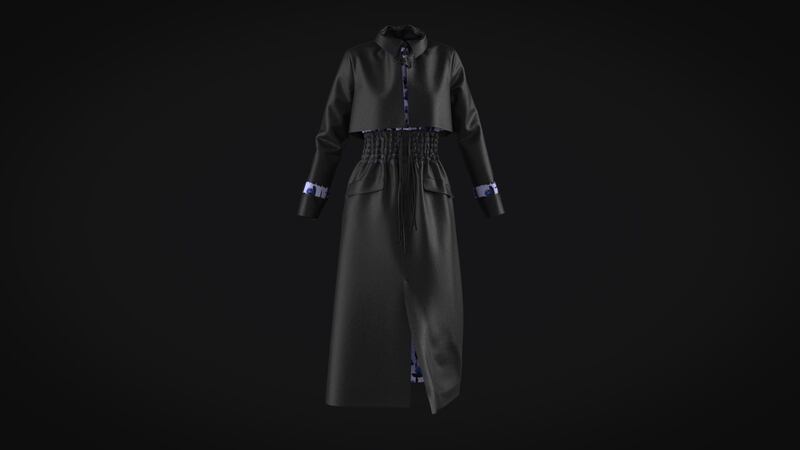 A three-dimensional rendering of a long black jacket in Clo3D.