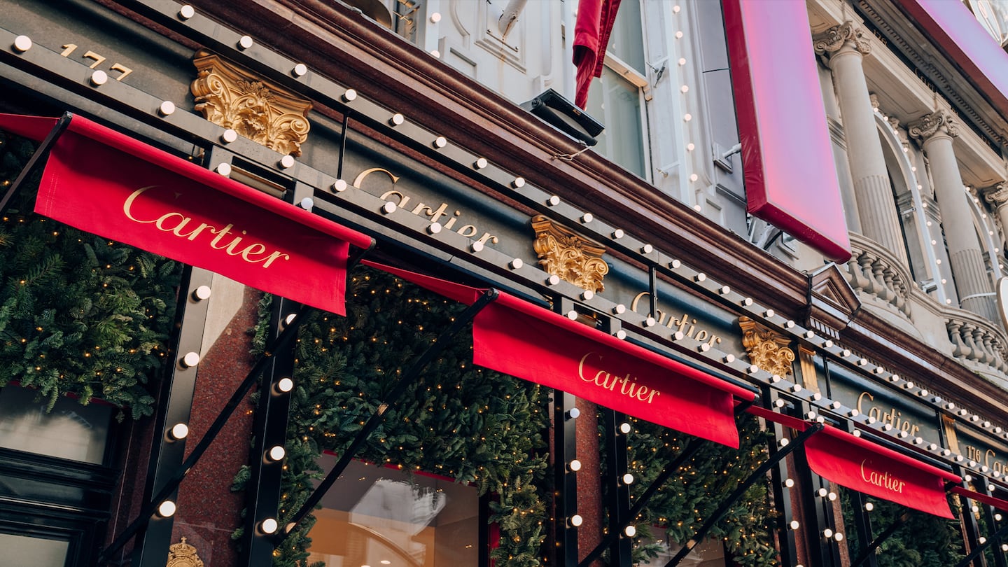 A Cartier store decorated with Christmas decorations