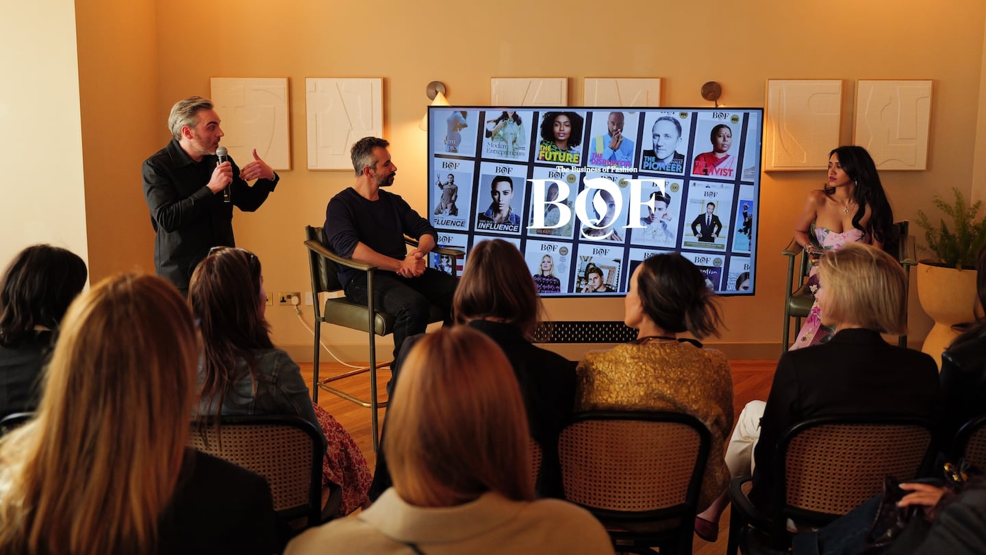 From left to right: BoF's Matthew Cullen, Marc Bain and Shenel Wickramaratne welcoming guests to the BoF Professional community event in London.