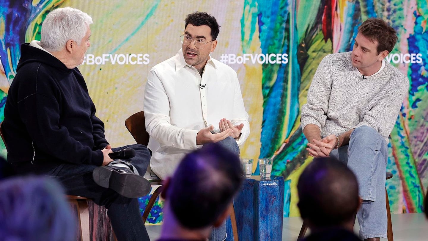 BoF's Tim Blanks on stage with Dan Levy and Jonathan Anderson during BoF VOICES.