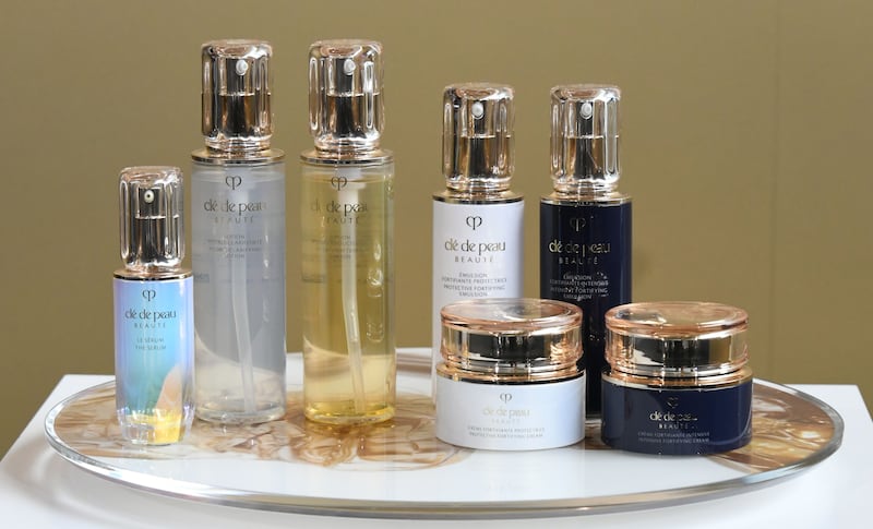 A general view of the product samplers display during the press conference for Shiseido 'Cle de Peau Beaute' Introduces New Ambassadors  on June 27, 2023 in Tokyo, Japan.