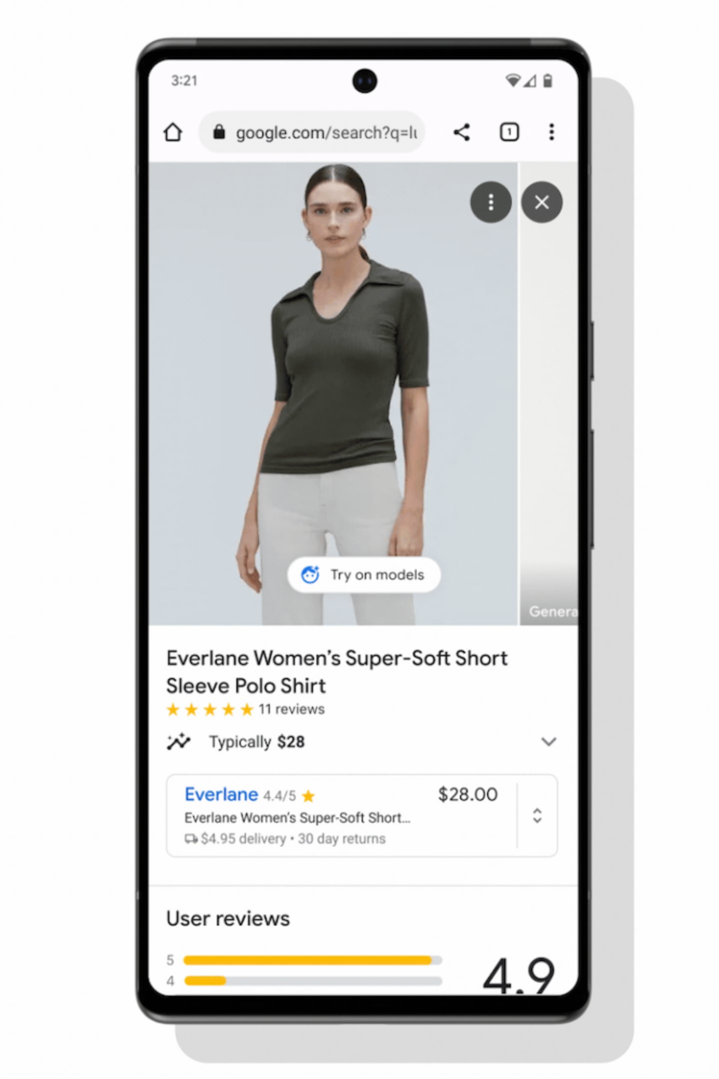 An image of the interface for Google's virtual try-on showing a model in a green short-sleeve polo shirt from Everlane.
