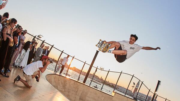 Cory Juneau skateboards at Golden Goose's floating bowl in Venice. The brand sees cultural moments as one way to keep its shoes on trend.