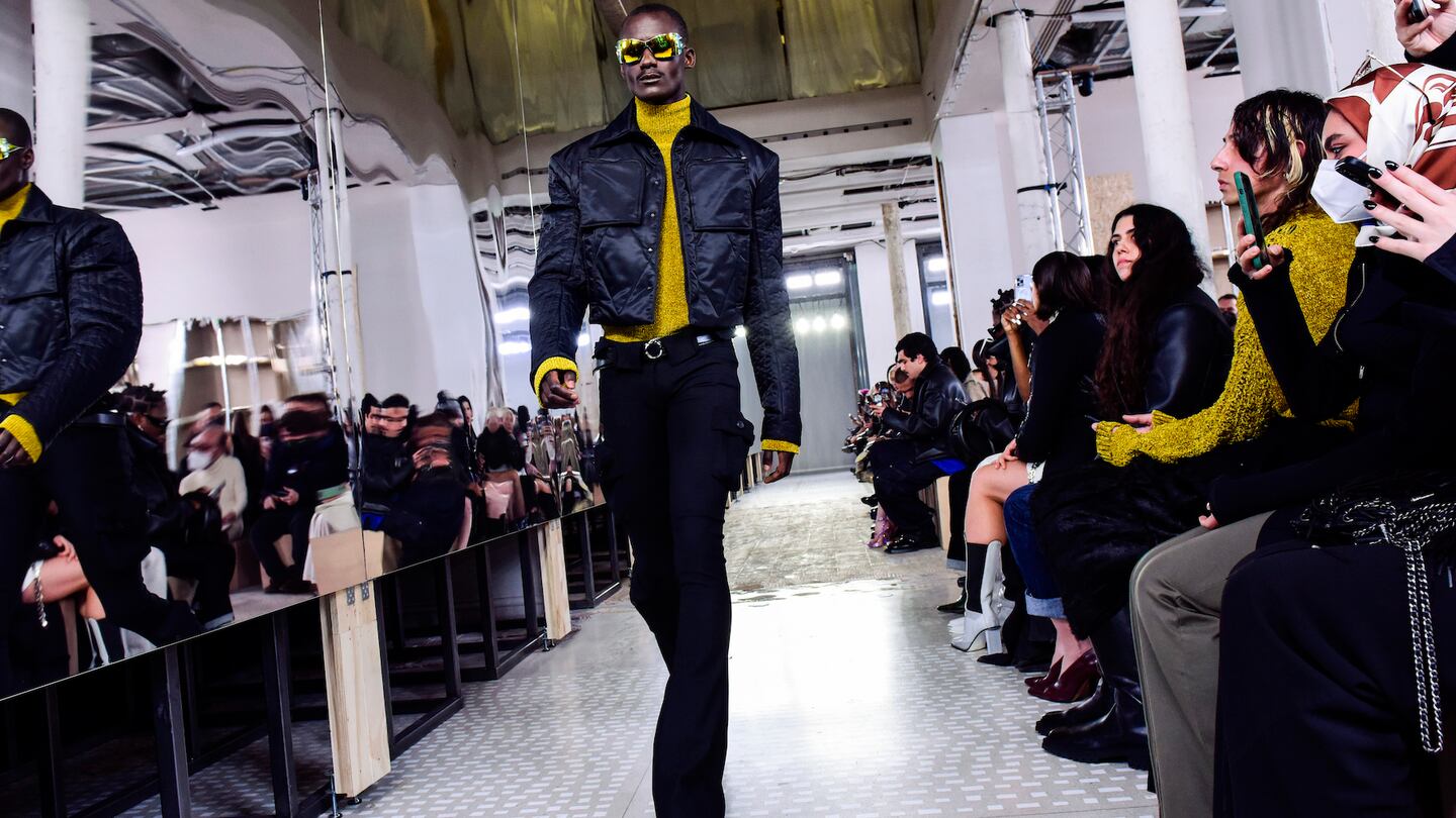 Model walking the Trussardi runway during AW22 show. Indigital.