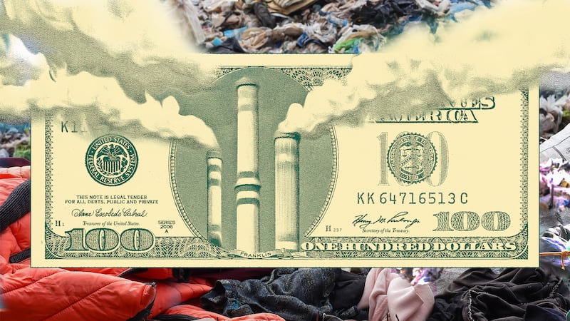A $100 dollar-bill with smoke stacks as the central image.