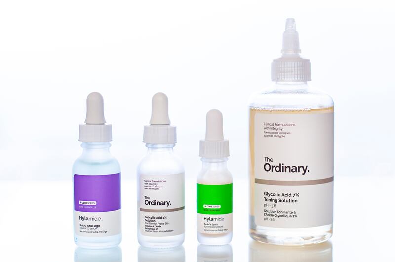 The Ordinary Glycolic Acid 7% Toning Solution, Salicylic Acid 2% Solution, Hylamide SubQ Anti-age and SuqQ Eyes serums cosmetic bottle close up. Deciem product