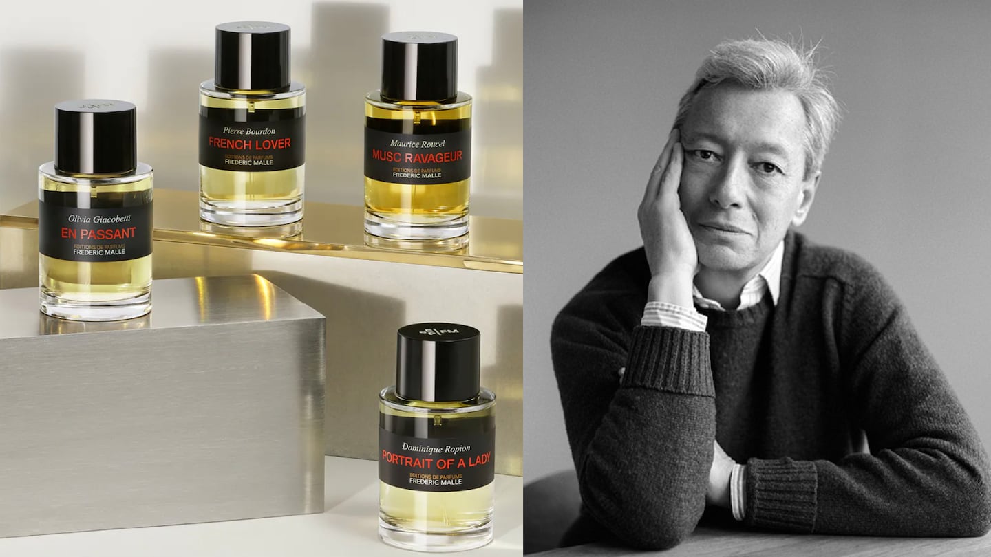A set of four fragrances and a headshot of Frédéric Malle.