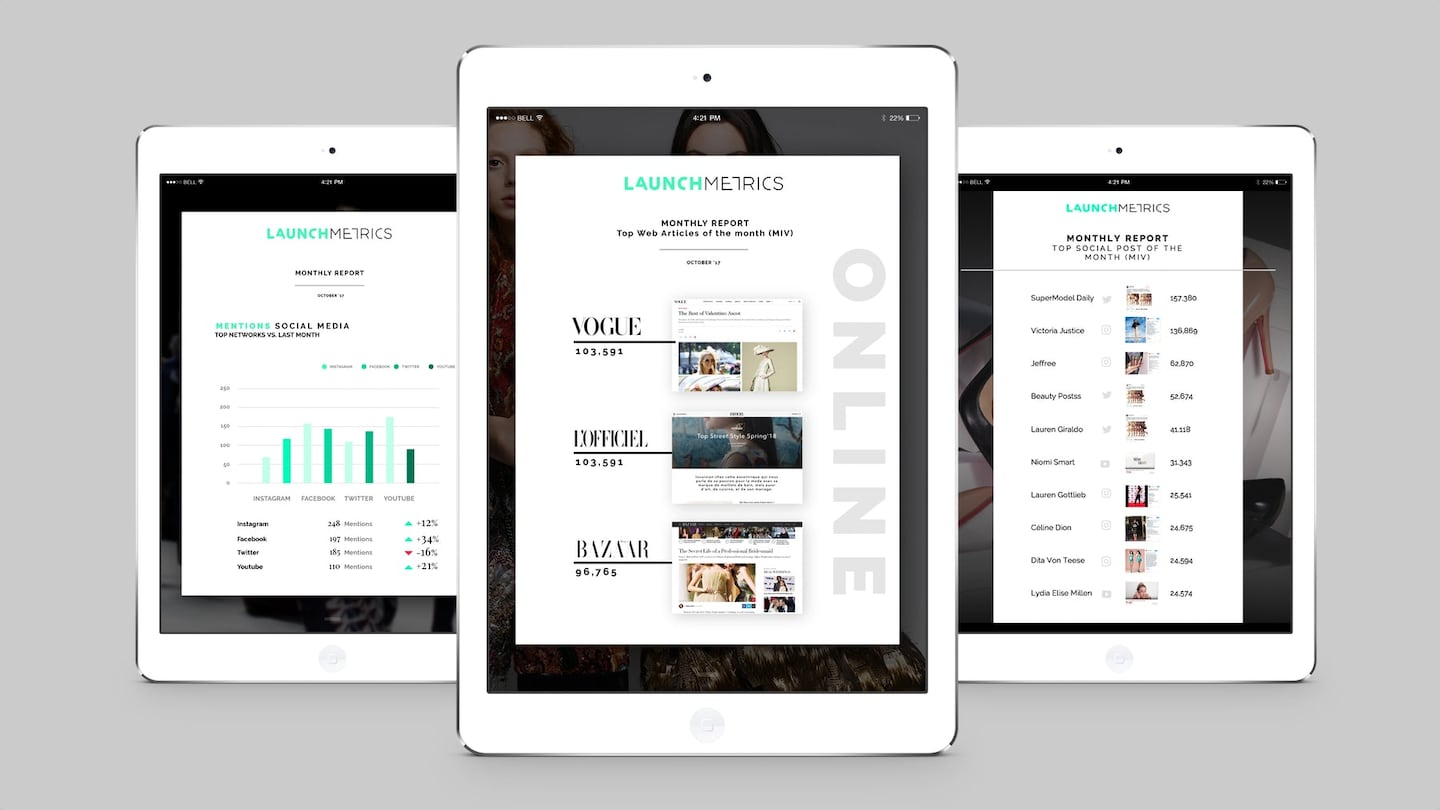 Three tablet screens showing the interface of Launchmetrics, a fashion data consultancy.