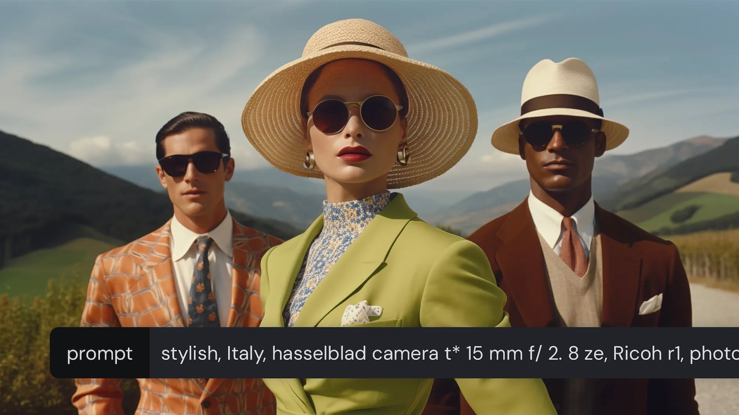 Three AI-generated models in front of an Italian scenic backdrop as an example fashion campaign image created in Midjourney with prompts.