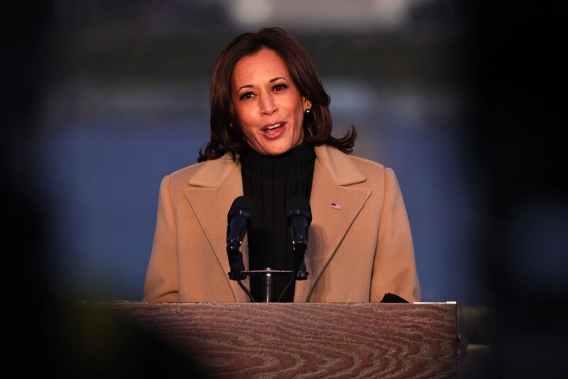 Vice President-elect Kamala Harris speaks at a Covid-19 memorial event in Washington, D.C. wearing a coat by Pyer Moss. Michael M. Santiago/Getty Images