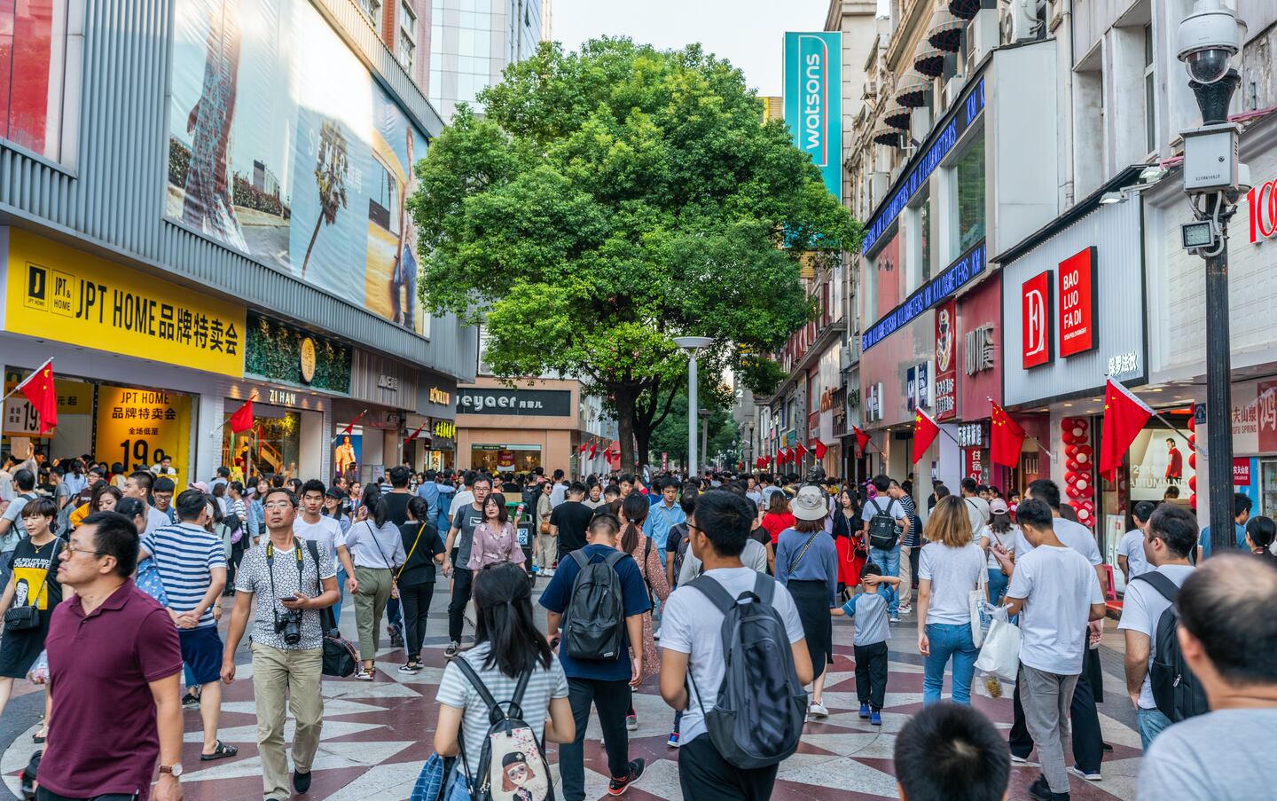 A shopping street in Wuhan, China during Golden Week in 2019.