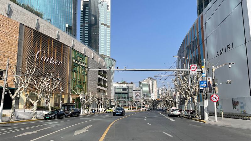 Nanjing Xi Lu, which is one of Shanghai's busiest shopping streets, empty during a new Covid-19 outbreak.