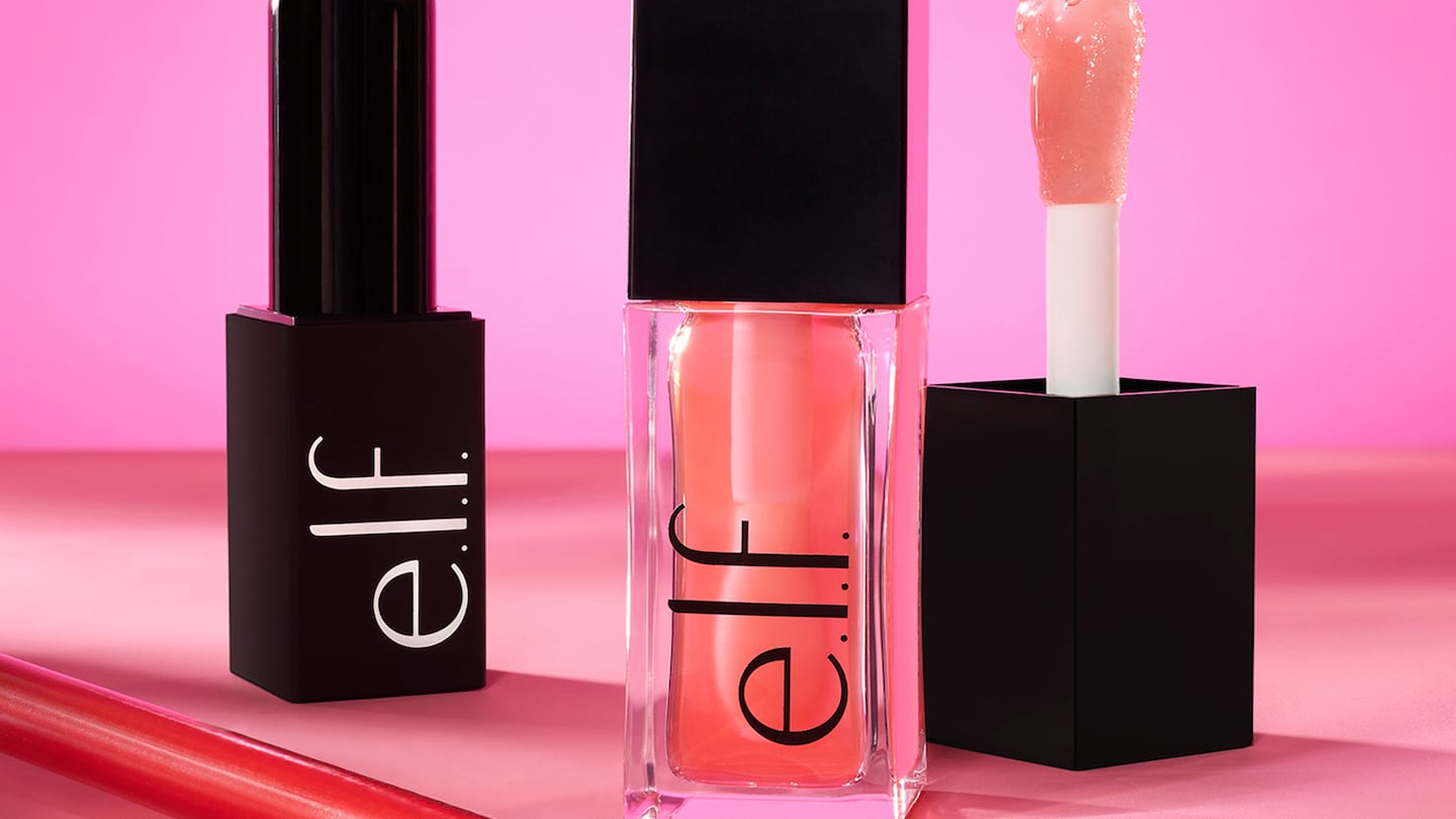 Group shot of E.l.f. Cosmetics' Cream Glide Lip Liner in Pinky Swear,  O-Face Lipstick in Loud and Glow Reviver Lip Oil in Pink Quartz.