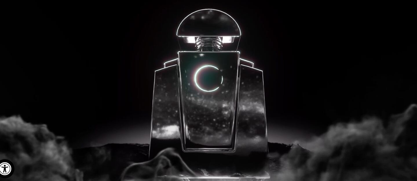 A screenshot of Beyoncé's new fragrance in a silver bottle.