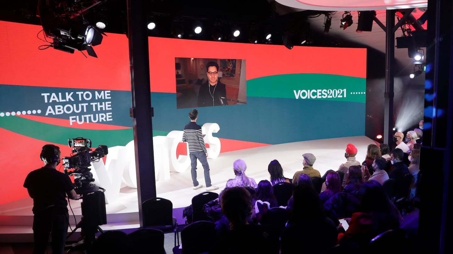 Imran Amed, founder and CEO of The Business of Fashion, speaks with Harley Finkelstein, president of Shopify, on stage at BoF VOICES 2021.