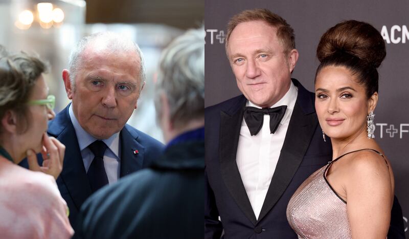 François Pinault (left) discusses with art advisor Caroline Bourgeois at the Palazzo Grassi museum in Venice. François-Henri Pinault and Salma Hayek-Pinault (right) attend a gala sponsored by Gucci at the LACMA museum.