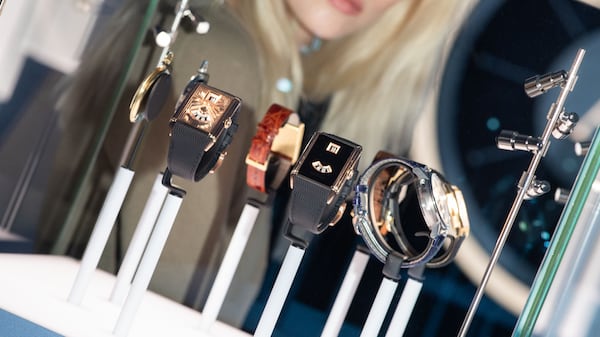 An Audemars Piguet display at Watches & Wonders shows the Neo Frame Jumping Hour novelty and timepieces from its heritage collection.