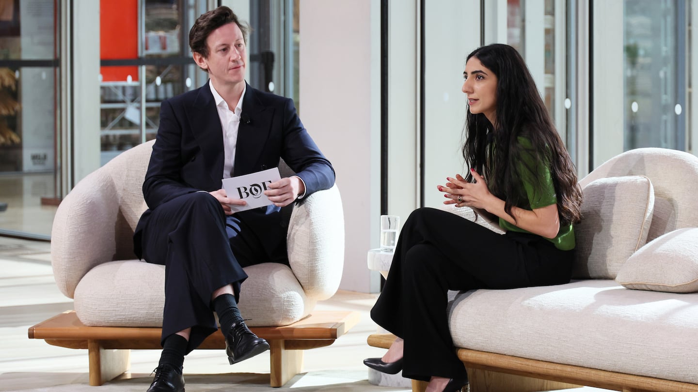 Robin Mellery-Pratt, Head of Content Strategy at The Business of Fashion, and Sona Abaryan, US Partner at Ekimetrics, speak on stage at The BoF Professional Summit at The Times Center on March 22, 2024 in New York City. (Getty Images).