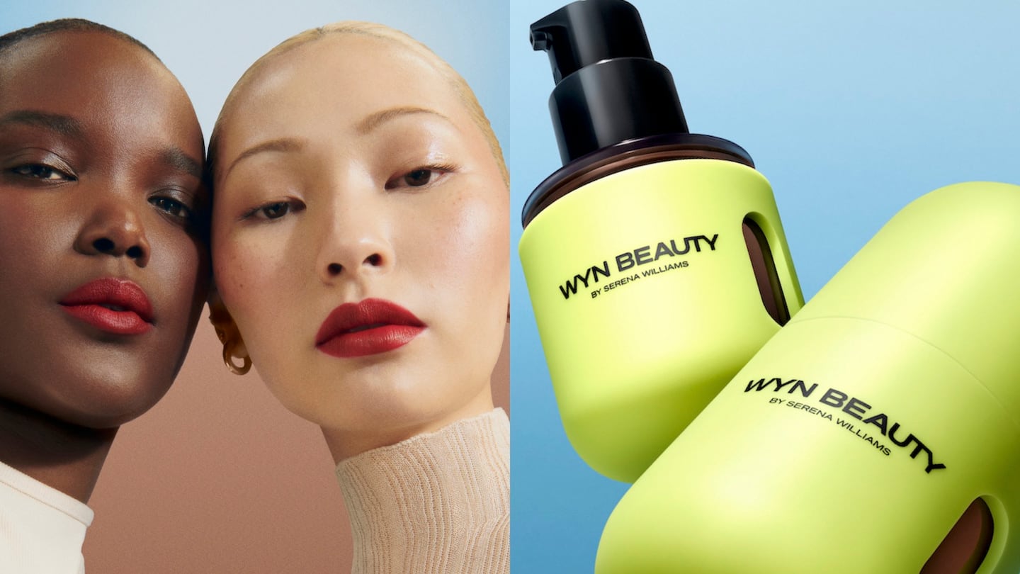 Two models are shown on the left wearing makeup by Wyn Beauty, while bottles of its complexion products are on the right.
