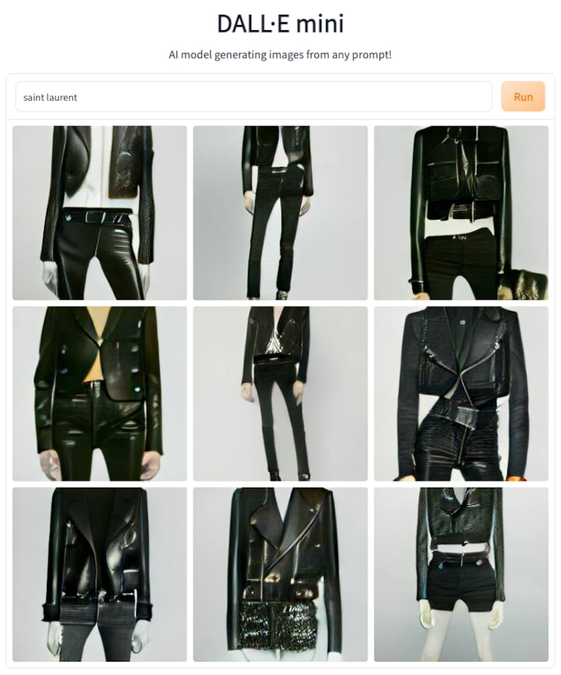 A grid of black leather biker jackets created by Dall-E Mini after it was prompted with "Saint Laurent."