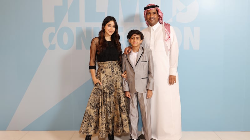 Saudi Arabian actress and Christian Dior brand ambassador Aseel Omran (L) with co-stars of the film "Valley Road" at the Red Sea International Film Festival in Dec. 2022 in Jeddah, Saudi Arabia.