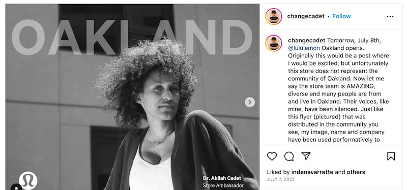A July 2022 Instagram post by Akilah Cadet, an executive coach and diversity consultant who worked with Lululemon since 2019 as a DEI consultant and brand ambassador.