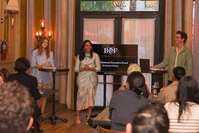 The Business of Beauty's inaugural executive event at Hotel Chelsea, New York City. Pictured from left: Alice Gividen, BoF's associate director of content strategy, Priya Rao, executive editor of the Business of Beauty, and Robin Mellery-Pratt, BoF's head of content strategy