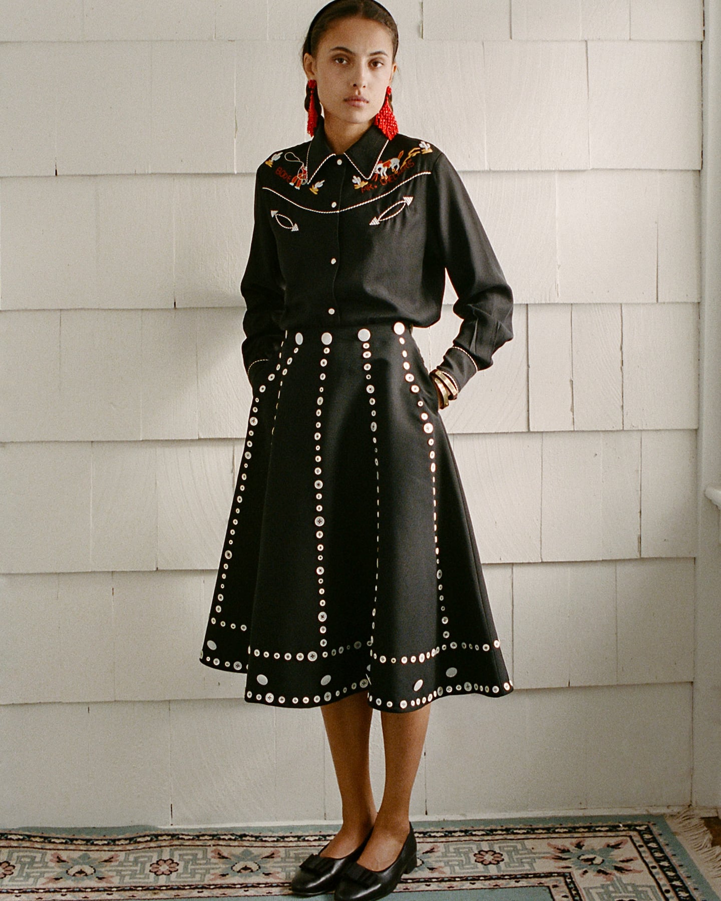 Bode Fall 2026 look. Model in western-style shirt and skirt.