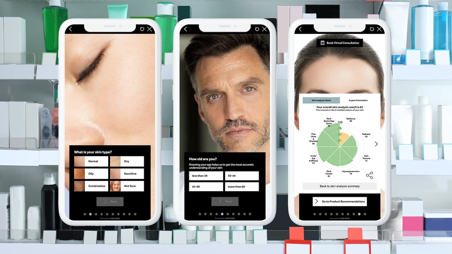 Revieve and No7's AI Skincare Advisor interface. Revieve, BoF collage.
