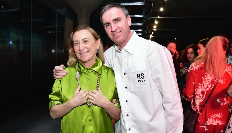 Miuccia Prada and Raf Simons at Prada’s Resort 2019 show in 2018, before Simons joined the brand as co-creative director.