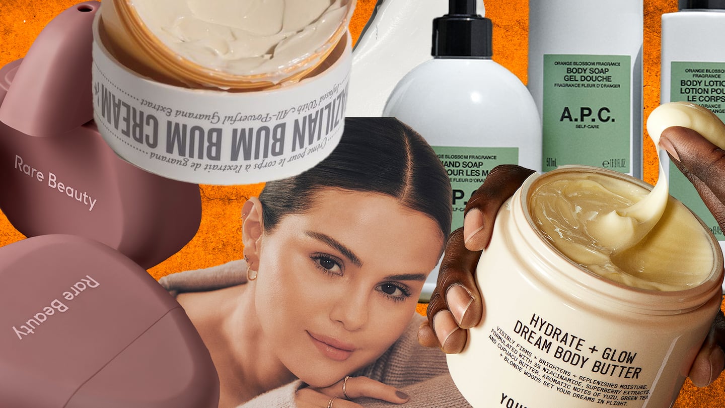 A collage featuring Selena Gomez, lotion from Rare Beauty and Sol De Janeiro, Youth to the People and A.P.C