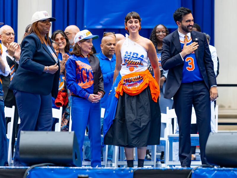 NEW YORK, NEW YORK - JUNE 18: (L-R) New York Attorney General Letitia James, New York Governor Kathy Hochul, Rama Duwaji and New York City Mayor Zohran Mamdani attend a championship celebration and Key to the City ceremony at City Hall Plaza after a ticker-tape parade honoring the New York Knick's NBA Finals victory in New York City on June 18, 2026. (Photo by The Hapa Blonde/GC Images)