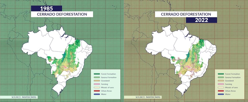 Maps of the Cerrado region in Brazil, comparing deforestation rates in 1985 and 2022.