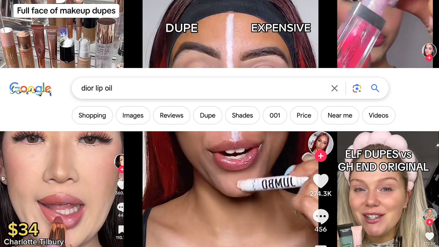 A collage of Tik Tok creators showcasing dupes of high end products overlaid with a google search for Dior lip oil
