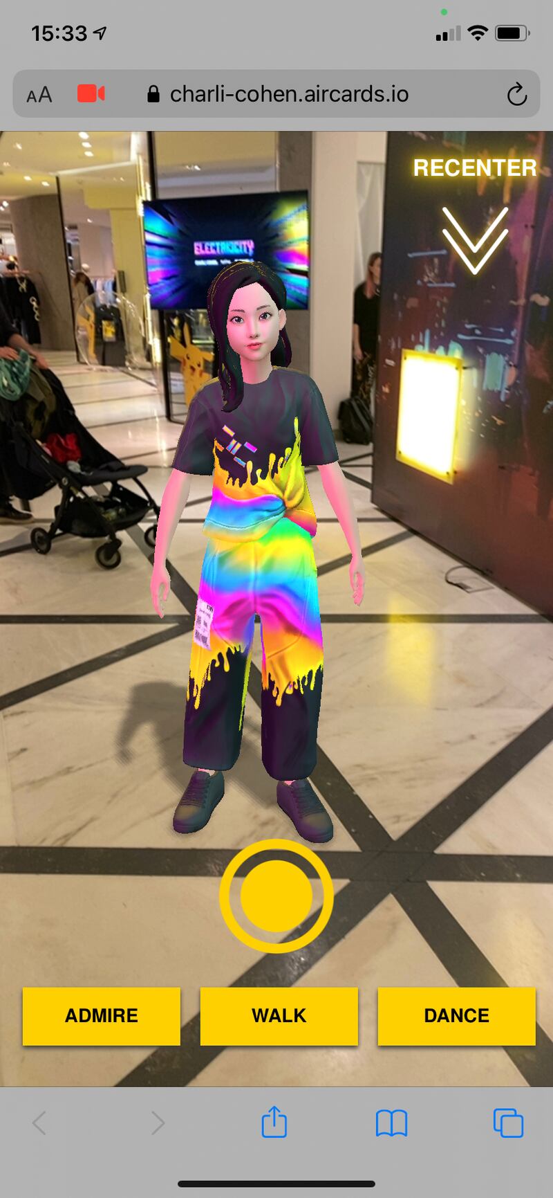 An avatar wearing digital Charli Cohen clothing on the shop floor in Selfridges.