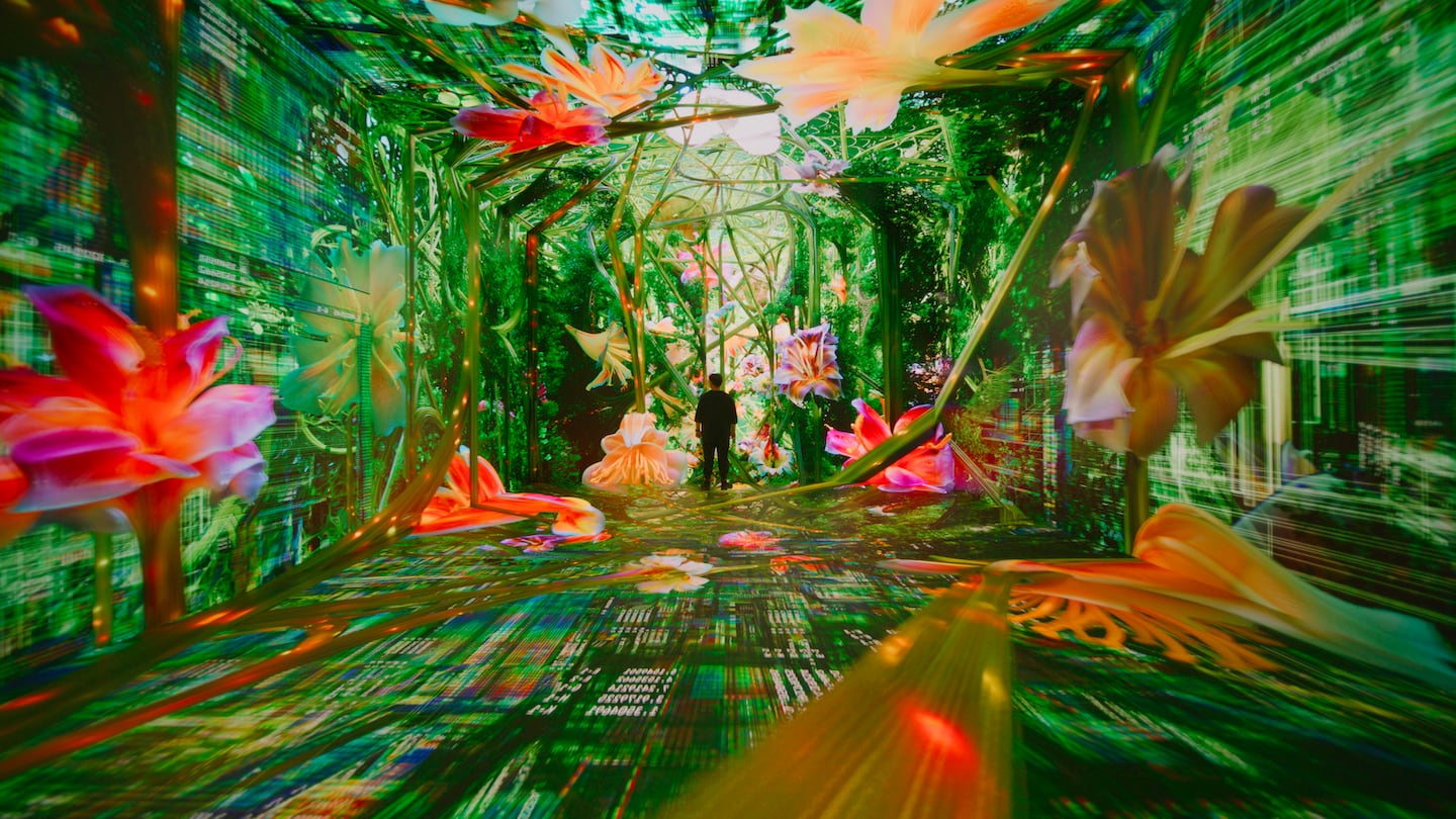 AI-generated digital imagery appears on walls, floors and ceilings at the Dataland museum opening on June 20, 2026 in Los Angeles.