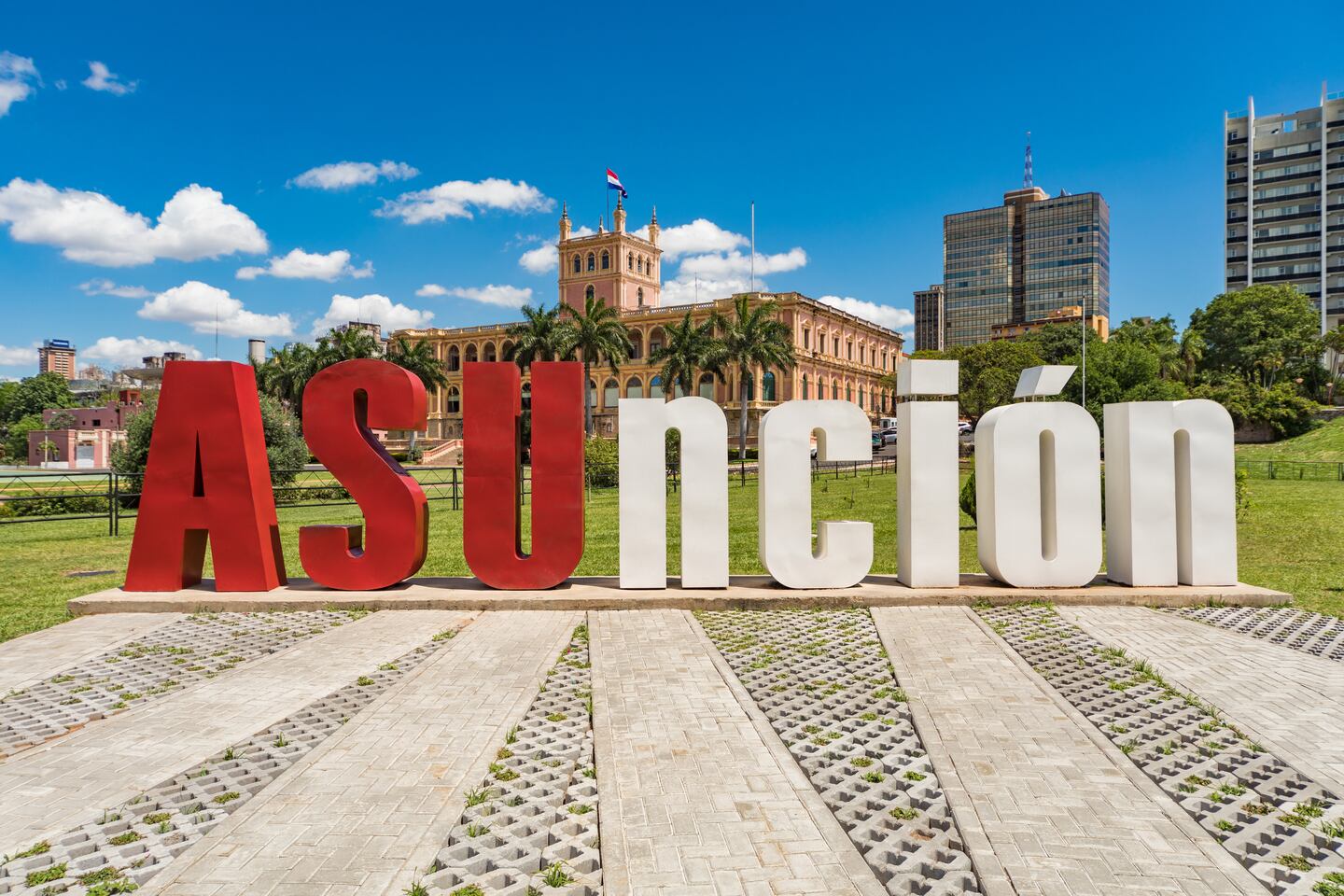 Asuncion letters in front of the Presidential Palace in Paraguay. Shutterstock.
