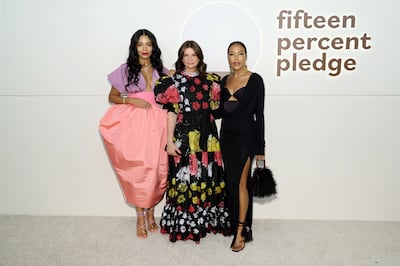 Aurora James, Natalie Massenet and Emma Grede attend The Fifteen Percent Pledge Benefit Gala at New York Public Library in April 2022 in New York City.