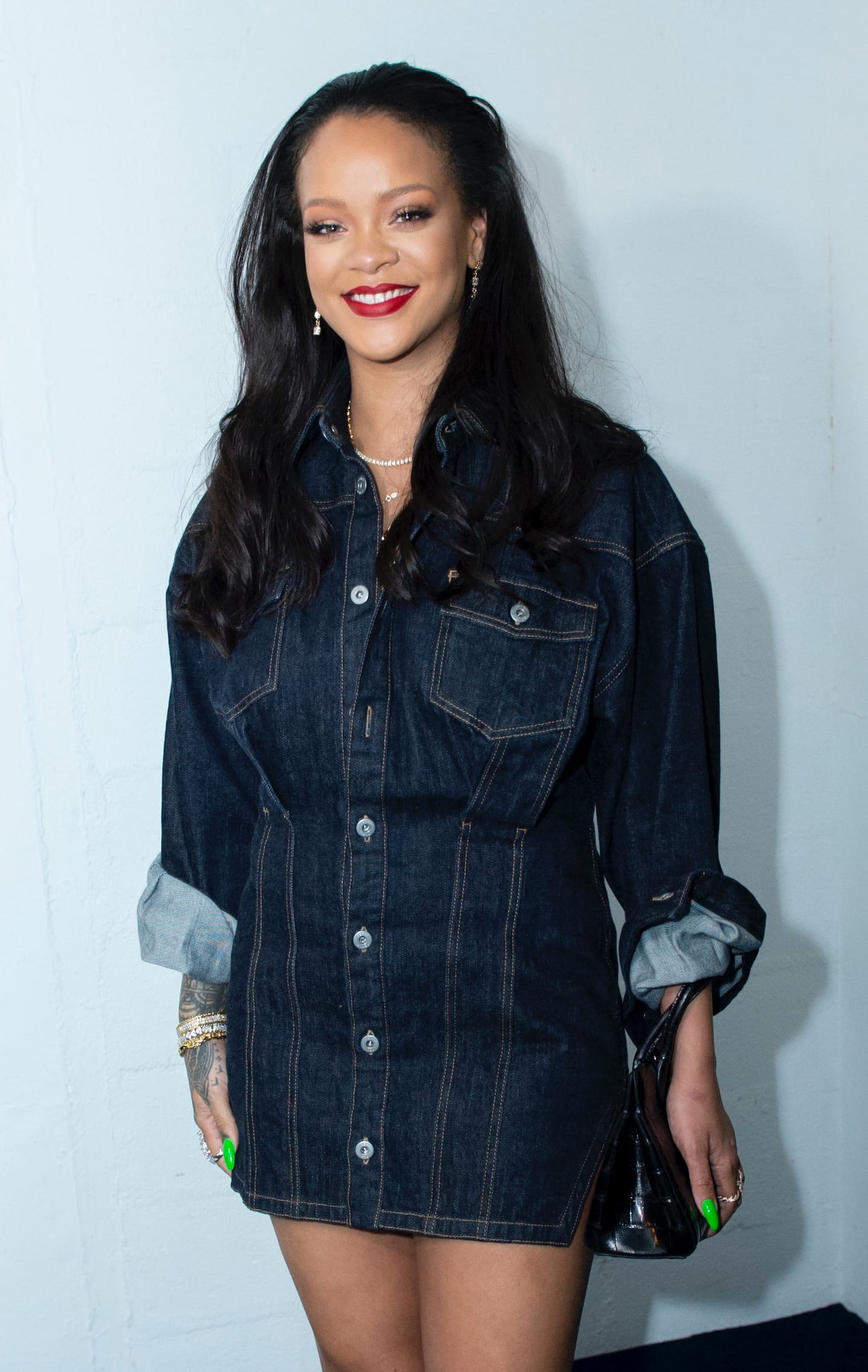 rihanna denim dress Rihanna is casual chic as she rocks patchwork denim dress in NYC