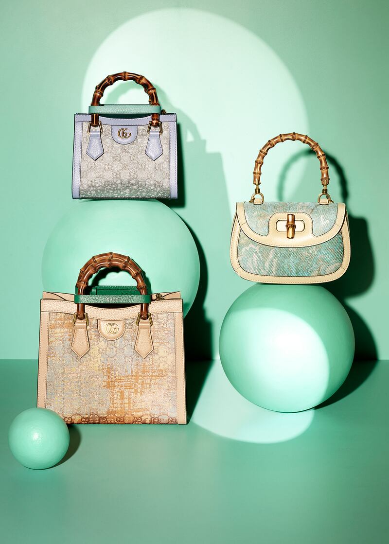 Gucci handbags made with silk brocade fabric from 327-year-old Japanese textile mill Hosoo.