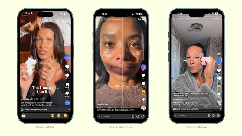 Three phone screens display content creators using NuFace products.