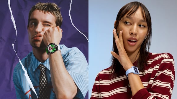 A man punches himself in the face and a woman holds up her hand to whisper in ads for Swatch watches.